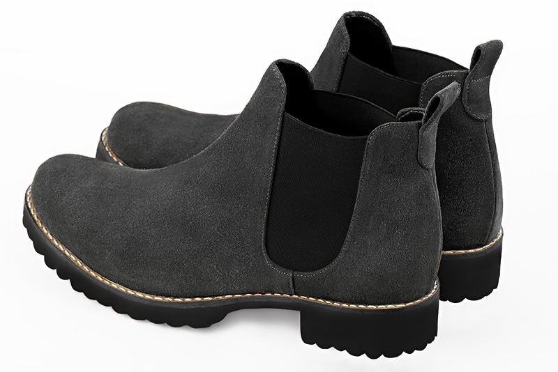 Dark grey and matt black dress ankle boots for men. Round toe. Flat rubber soles. Rear view - Florence KOOIJMAN